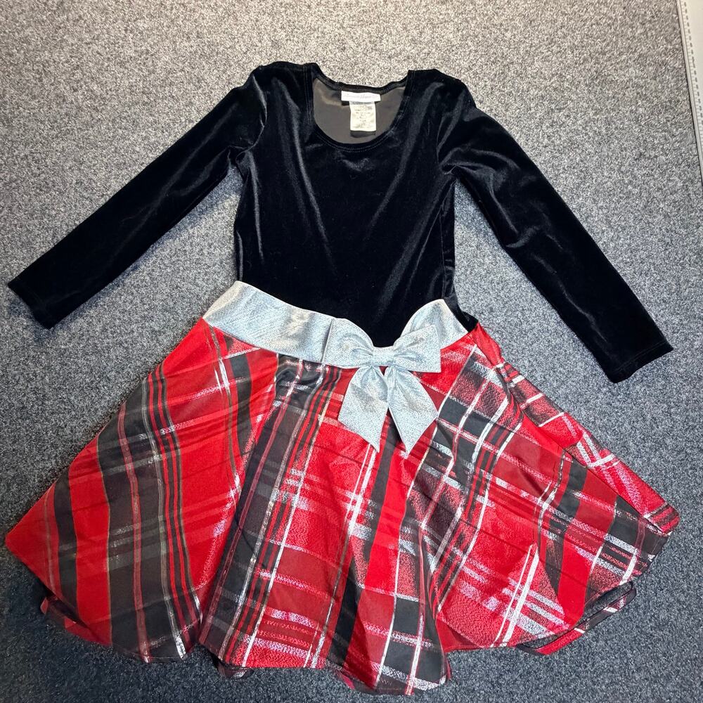 Bonnie Jean Girls Black Velvet Red Plaid Christmas Holiday Dress Silver Bow